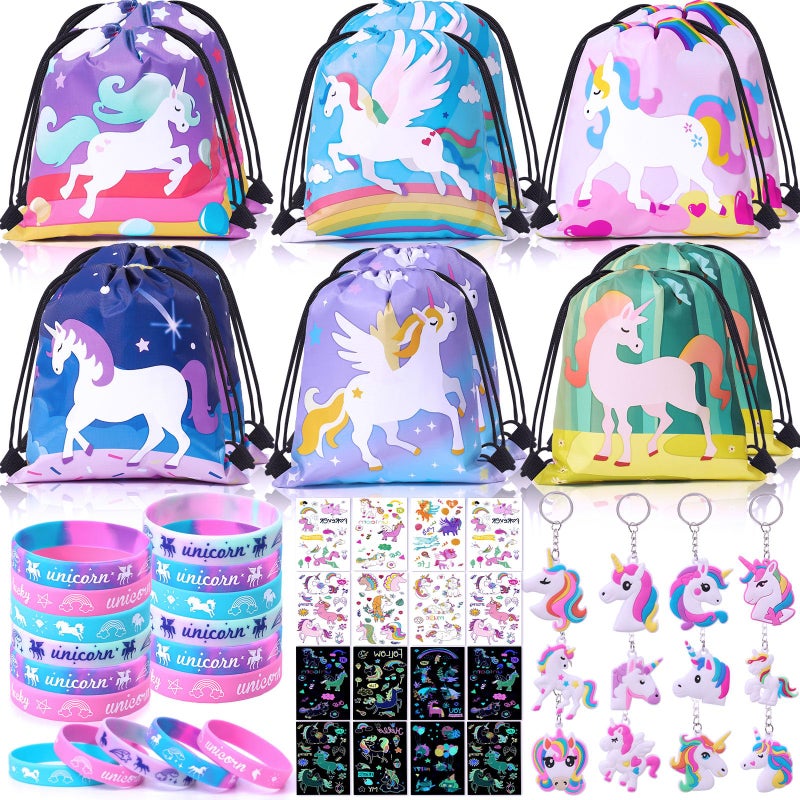 Winrayk 12 Sets Unicorn Party Favors Birthday Supplies for Girls Drawstring Bag Glow Tattoo Sticker Silicone Bracelet Keychain Goodie Bag Stuffer Filler Kids Rainbow Unicorn Party Supplies Decor - Image 3