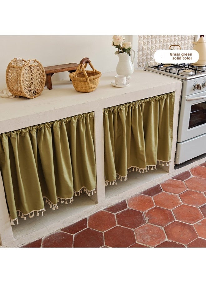 140x70cm Gingham Kitchen Valance Curtain No Drill Rod Included, Linen Look Tassel Window Door Cabinet Cover for Kitchen Pantry & Room Divider Decor - Image 1