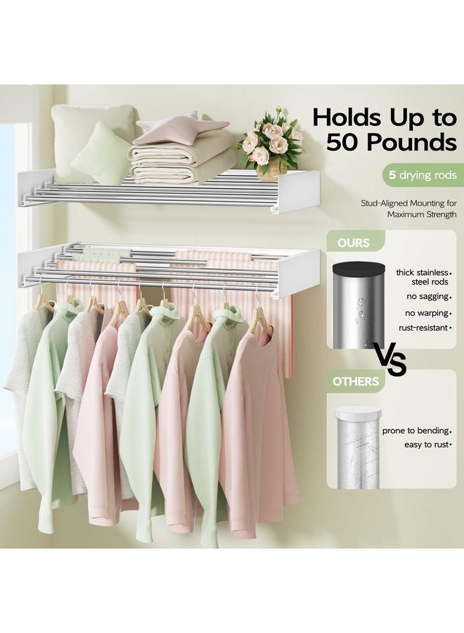 HOMESTAR Wall Mounted Clothes Drying Rack 32", Foldable Wall Mount Laundry Rack Folding Indoor, Drying Rack Clothing Collapsible, Hidden Space Saver with Wall Template, 5 Rods, White - Image 3