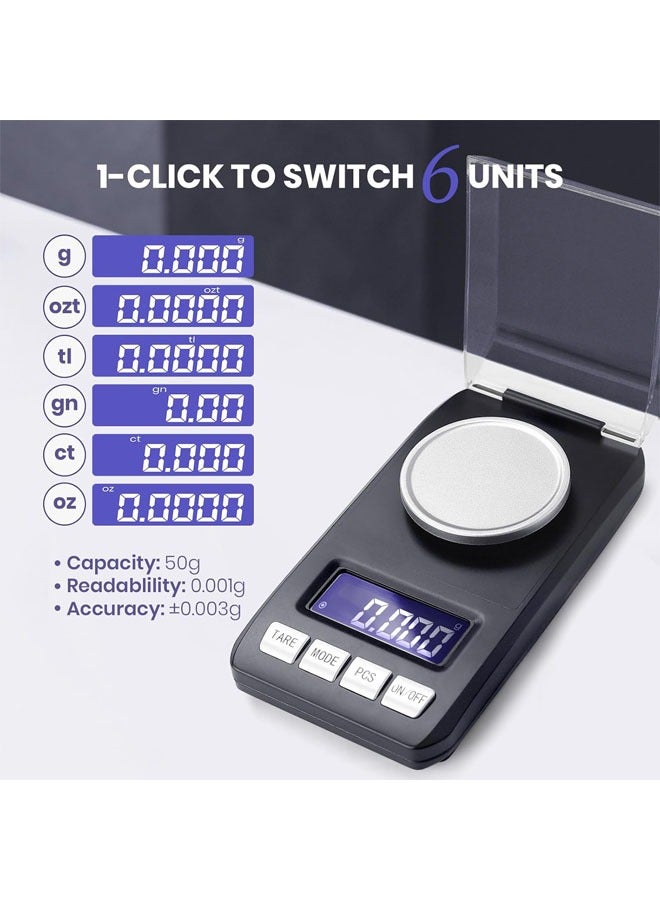 هاي هونور ميزان ميكرو الجيب بسعة 50 جرام / دقة 0.001 جرام، ميزان دقيق متعدد الوظائف للمساحيق والأدوية والمجوهرات والأحجار الكريمة والمختبرات، مع شاشة عرض LCD وملعقة للمساحيق - Image 5
