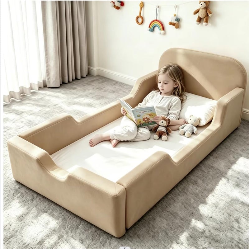 Soft Foam Toddler Bed with Safe Side Guardrails - Cozy Kids Floor Bed (Camel, without mattress) - Image 1