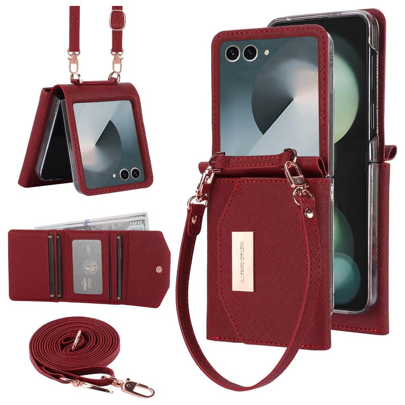 XIMAND for Samsung Galaxy Z Flip 7 Wallet Case with Builtin Leather Cash Slot and Credit Card Holder Wristlet Strap and Hinge Protection Carrying Handbag Phone Case for Women LadiesDark Red - Image 2