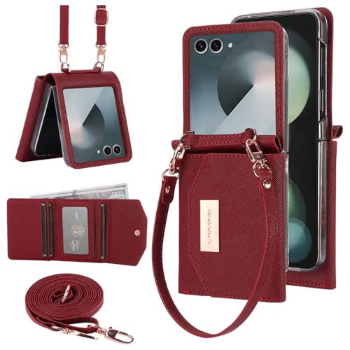 XIMAND for Samsung Galaxy Z Flip 7 Wallet Case with Builtin Leather Cash Slot and Credit Card Holder Wristlet Strap and Hinge Protection Carrying Handbag Phone Case for Women LadiesDark Red - Image 1
