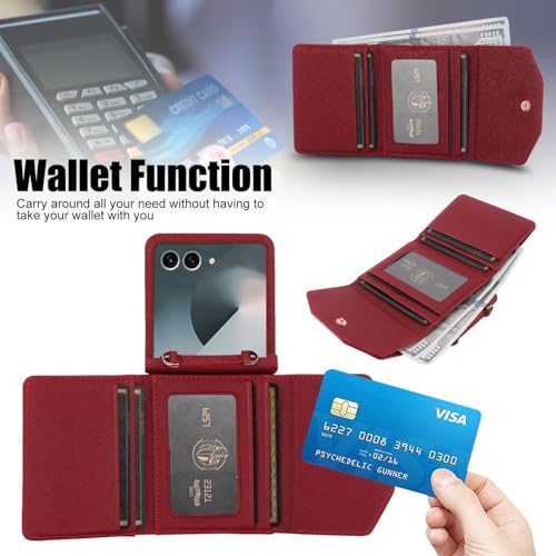 XIMAND for Samsung Galaxy Z Flip 7 Wallet Case with Builtin Leather Cash Slot and Credit Card Holder Wristlet Strap and Hinge Protection Carrying Handbag Phone Case for Women LadiesDark Red - Image 3