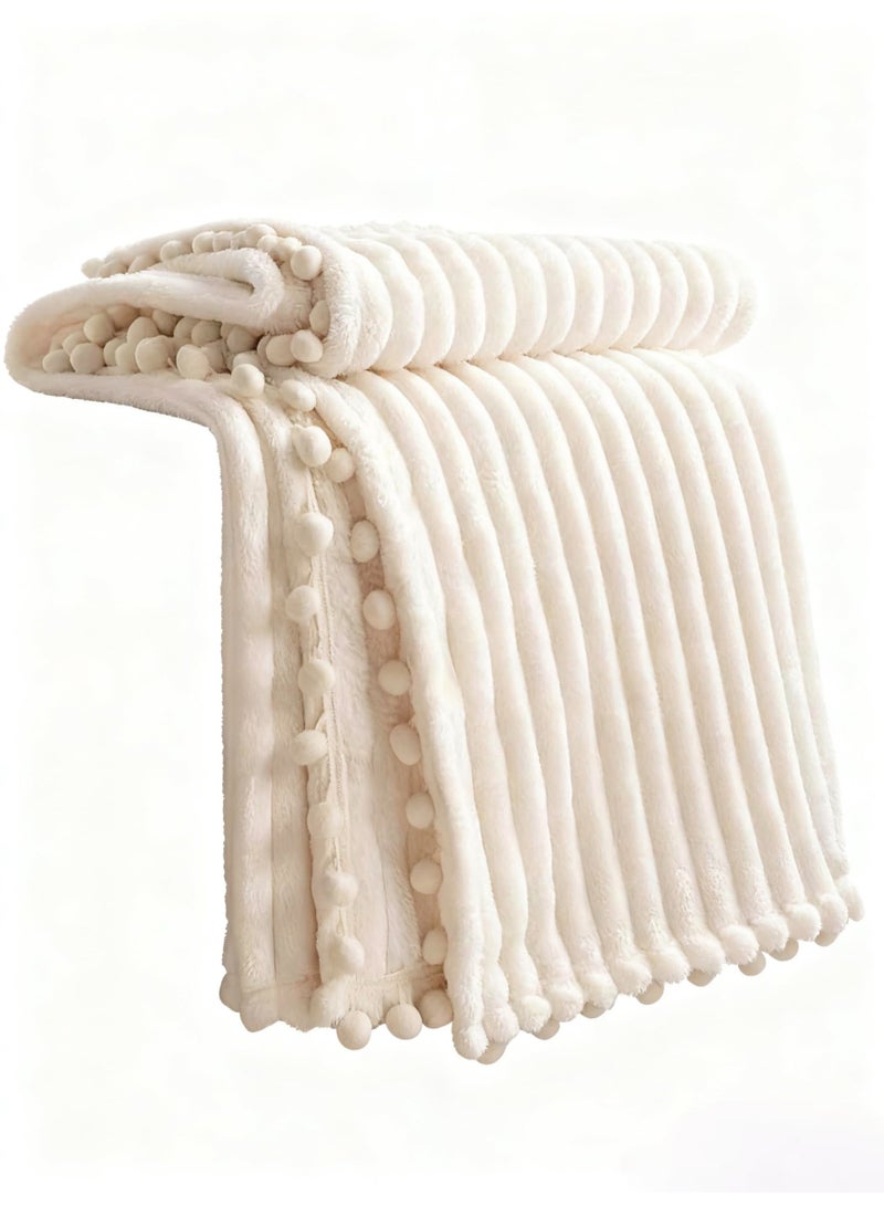 Fleece Blanket Twin Size – 51x63, Beige – Soft, Plush, Fluffy, Fuzzy, Warm, Cozy – Perfect Throw for Couch, Bed, Sofa - with Pompom Fringe - Flannel Blanket Throw Blanket