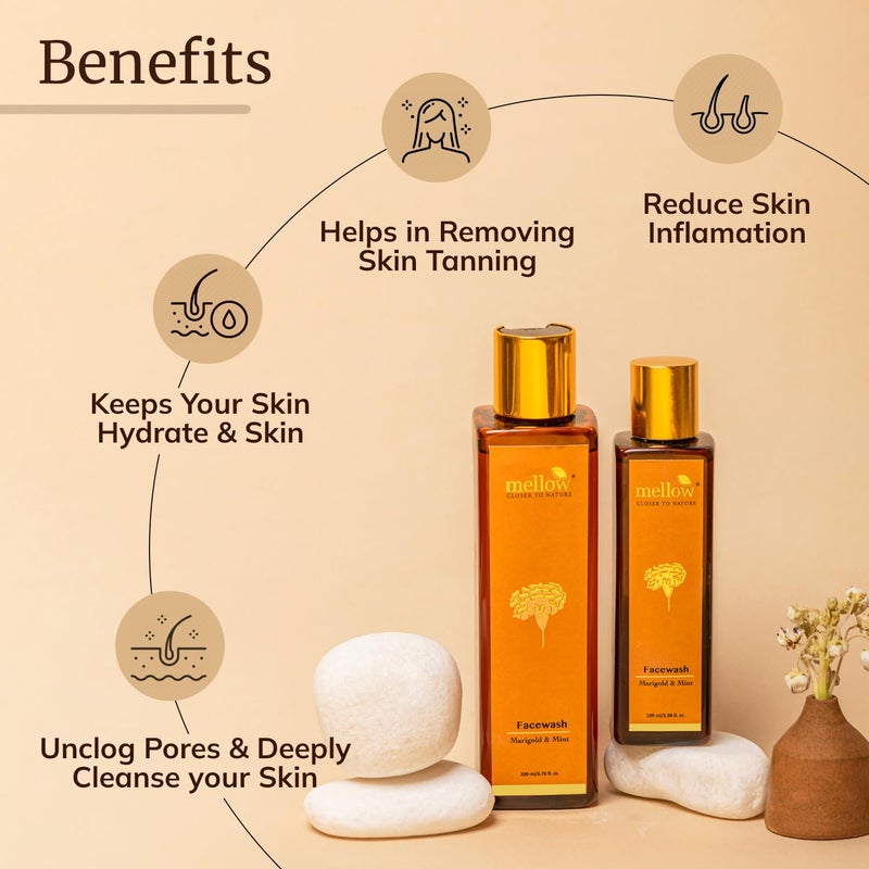 MELLOW Mellow Herbals Marigold  Mint Facewash  Ayurvedic Face Cleanser for Clear  Glowing Skin  Enriched with Aloe Vera Honey  Mint for Hydration  Oil Control  SulphateFree ParabenFree  Ayush Certified  200ml - Image 3