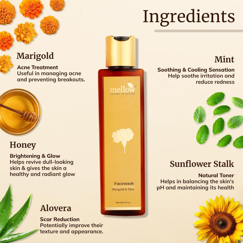 MELLOW Mellow Herbals Marigold  Mint Facewash  Ayurvedic Face Cleanser for Clear  Glowing Skin  Enriched with Aloe Vera Honey  Mint for Hydration  Oil Control  SulphateFree ParabenFree  Ayush Certified  200ml - Image 2