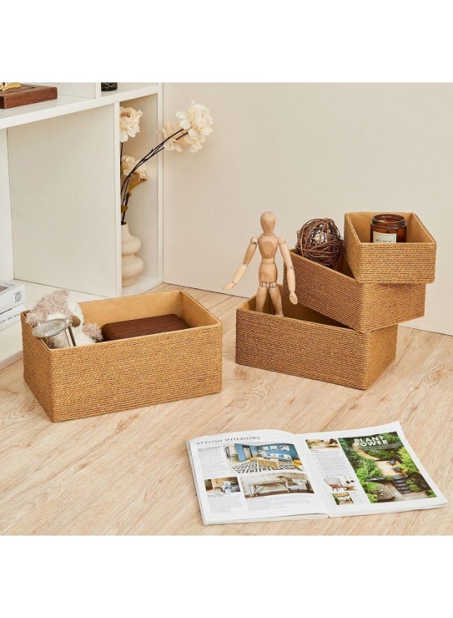 فيلورا ورلد طقم من 4 سلال تخزين من الخوص، سلال تخزين بحبال ورقية لتنظيم الحاويات على الرفوف والخزائن والأدراج، سلة صغيرة منسوجة - Image 3