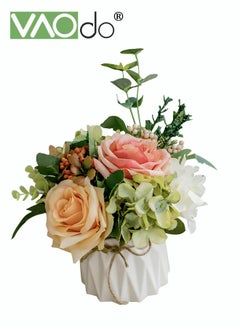 VAOdo Mini Artificial Hydrangea Bouquet with Small Ceramic Vase Variety Flower Balls Flowers Decoration for Table Home Party Office and Wedding  - Image 1