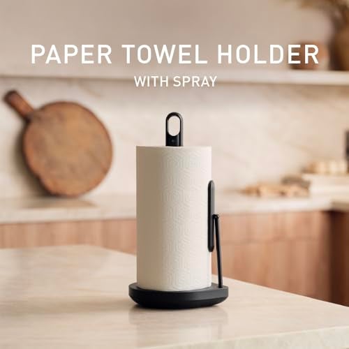 simplehuman Paper Towel Holder with Spray, All-in-One Countertop Paper Towel and Cleaner Dispenser, 6 oz Refillable Pump, One-Handed Tear, Weighted Base, Black - Image 2