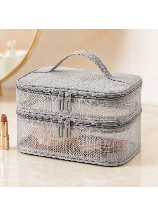 Gray Mesh Cosmetic Bag, Nylon Makeup Organizer, Large Two-Layer Storage, 21x13x15cm - Image 1
