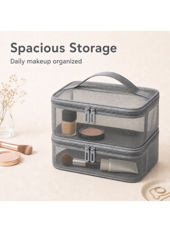 Gray Mesh Cosmetic Bag, Nylon Makeup Organizer, Large Two-Layer Storage, 21x13x15cm - Image 4