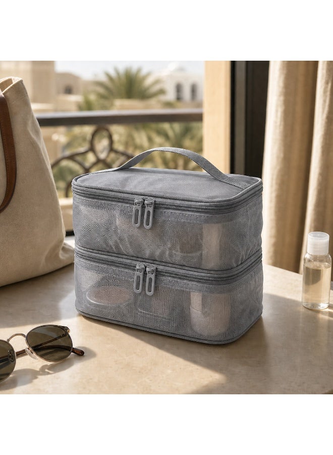 Gray Mesh Cosmetic Bag, Nylon Makeup Organizer, Large Two-Layer Storage, 21x13x15cm - Image 3