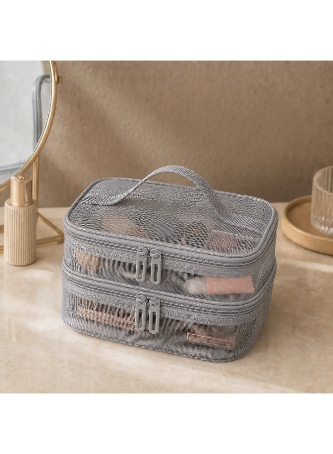 Gray Mesh Cosmetic Bag, Nylon Makeup Organizer, Large Two-Layer Storage, 21x13x15cm - Image 2