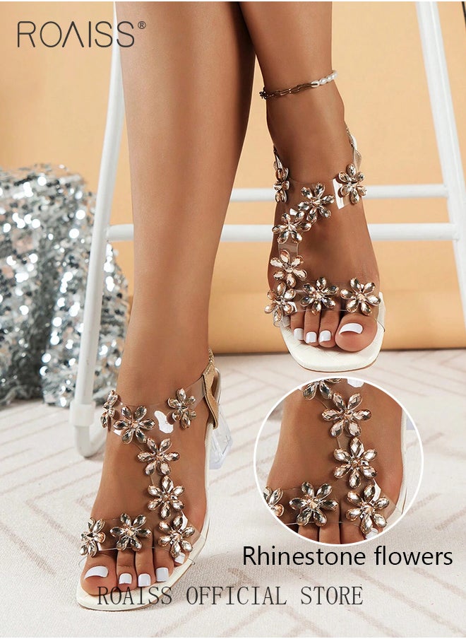 roaiss Women's Transparent Rhinestone Flower High Heels Women's Square Toe High Heel Sandals Women's Block Heel High Heels  - Image 3