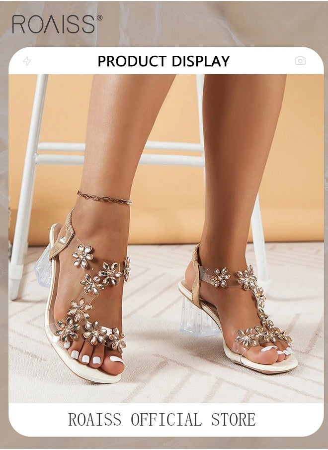 roaiss Women's Transparent Rhinestone Flower High Heels Women's Square Toe High Heel Sandals Women's Block Heel High Heels  - Image 5