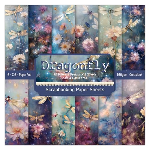 EAMOTOL 6 x 6 In Dragonfly Scrapbooking Paper Pad, 24 Sheets Floral Pattern Design Cardstock Decorative Decoupage for Photo Album Card Making Folded Supplies Gift Wrapping Junk Journals Crafts - Image 1