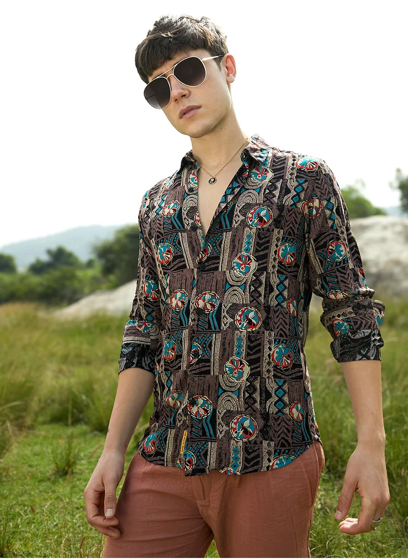 Campus Sutra Men's Taupe Brown Botanical Relic Shirt