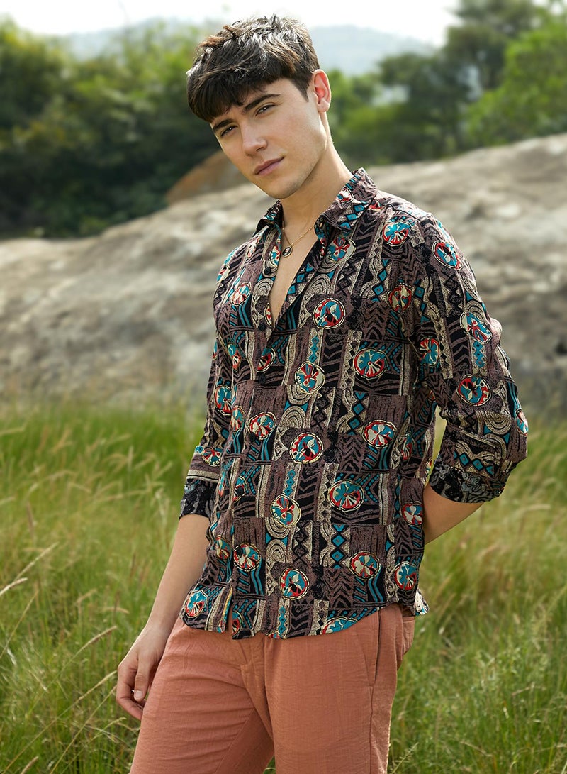 Campus Sutra Men's Taupe Brown Botanical Relic Shirt  - Image 3