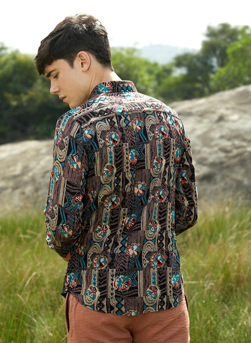 Campus Sutra Men's Taupe Brown Botanical Relic Shirt  - Image 5