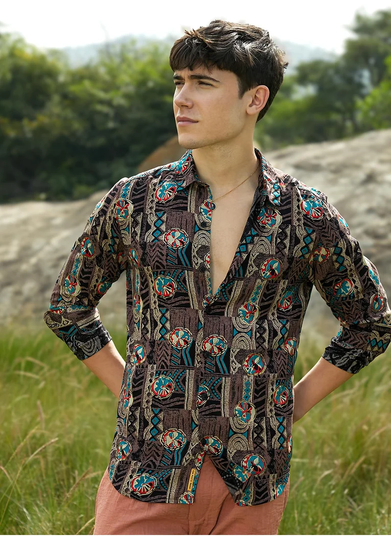 Campus Sutra Men's Taupe Brown Botanical Relic Shirt