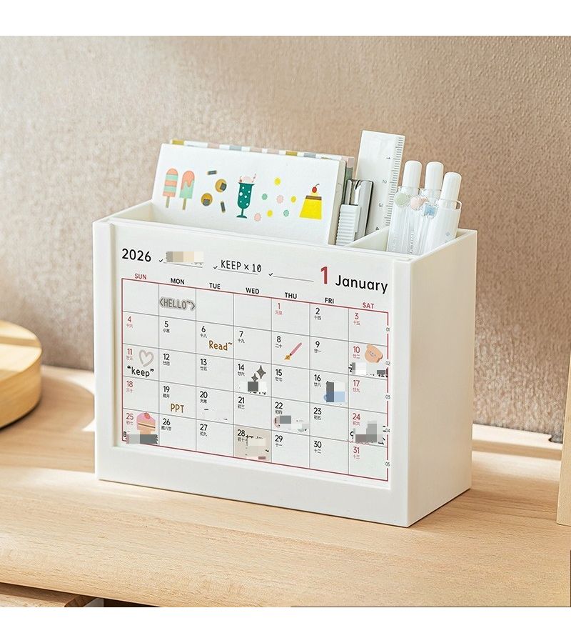 Blue Desk Calendar Planner 2026 with Stand Storage Box and Pen Holder - Image 1
