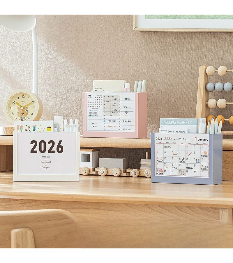 Blue Desk Calendar Planner 2026 with Stand Storage Box and Pen Holder - Image 3