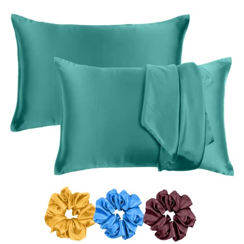 Riara Satin Silk Pillowcase Pillow Case Covers with Envelop Closure for Hair and Skin Home Bed Decor Set of 2 Pillowcase Free 3 Pc Scrunchie (Lumbar Size (16"x24"), Teal) - Image 1
