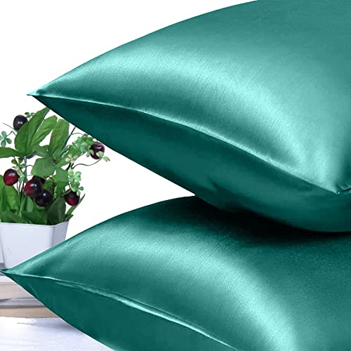 Riara Satin Silk Pillowcase Pillow Case Covers with Envelop Closure for Hair and Skin Home Bed Decor Set of 2 Pillowcase Free 3 Pc Scrunchie (Lumbar Size (16"x24"), Teal) - Image 4