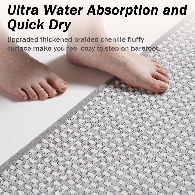 YDKGL YDKGL Bath Mat Bathroom Rugs Non Slip Washable  Soft Braided Ultra Thin Bath Mat  Super Absorbent Quick Dry Bath Rug Shower Mat  Rubber Backing  Fit Under Door Bathroom Floor Tub  Gray 20"" x 31"" - Image 3