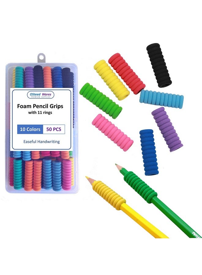 OSteed 50 Pcs Foam Pencil Grips Of 11 Rings For Kids And Adults Handwriting, 10 Colors Pencil Holder Grippers For Relieving Fingers, Mechanical Pencil Holder Cushion - Image 1