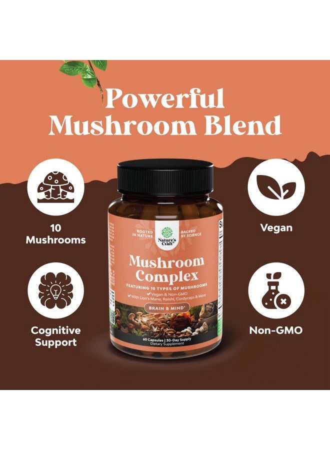 Natures Craft كبسولات مركب الفطر المتقدم - 10X كبسولات فطر ليوز مان مع ريشي، تشاجا، مايتاكي وشيتاكي لصحة الدماغ، دعم الذاكرة والتركيز - نوتروبيك للوضوح الذهني - 60 كبسولة - Image 3