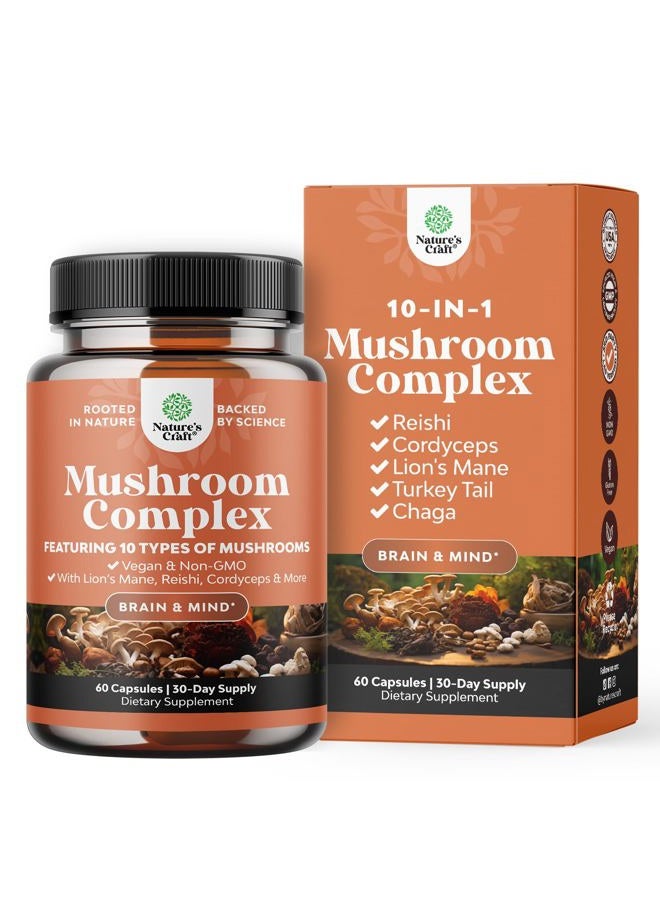 Natures Craft كبسولات مركب الفطر المتقدم - 10X كبسولات فطر ليوز مان مع ريشي، تشاجا، مايتاكي وشيتاكي لصحة الدماغ، دعم الذاكرة والتركيز - نوتروبيك للوضوح الذهني - 60 كبسولة - Image 1