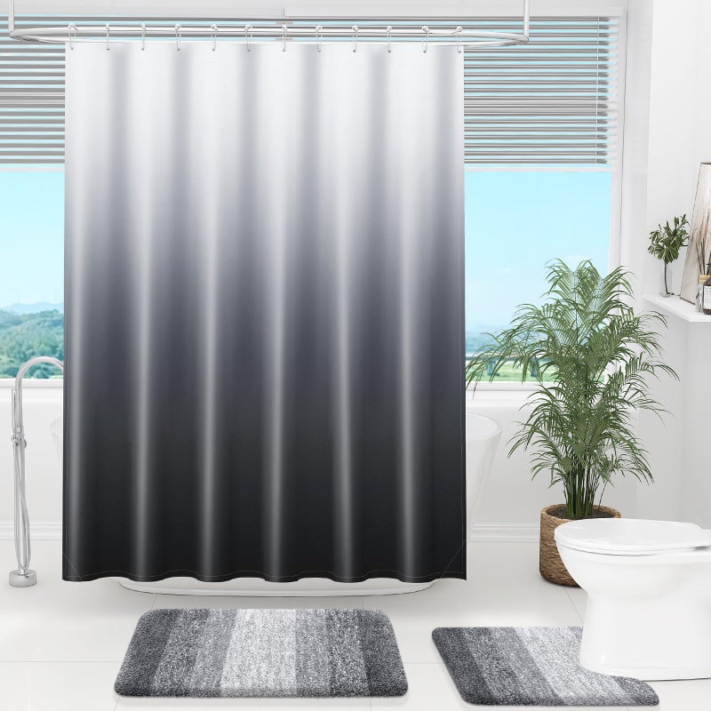 OLANLY Luxury Shower Curtain  Black Grey Ombre Shower Curtain Sets with 12 Shower Curtain Hooks  Waterproof & Washable Black and White Shower Curtains for Bathroom  72x72 Inches - Image 2