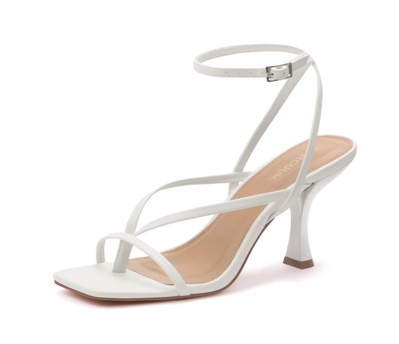 Carcuume Womens Kitten Heels Square Toe Thong Strappy Ankle Strap Stiletto Heel SandalsCAMILEWHITE PU7