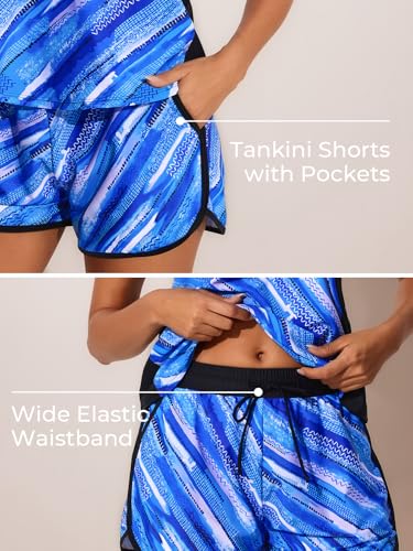 Summer Mae Blouson Tankini Swimsuits for Women 2025 Tummy Control Two Piece Bathing Suits with Sporty Pockets Swim Shorts Blue Ocean Ripples Size 12 - Image 3