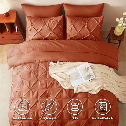 HIMEET Pintuck Bed in a Bag, 7 Pieces King Size Comforter Set Burnt Orange, Pinch Pleat Bed in a Bag, Soft All Season Bedding Sets with Comforter, Flat Sheet, Fitted Sheet and Pillowcases & Shams - Image 2