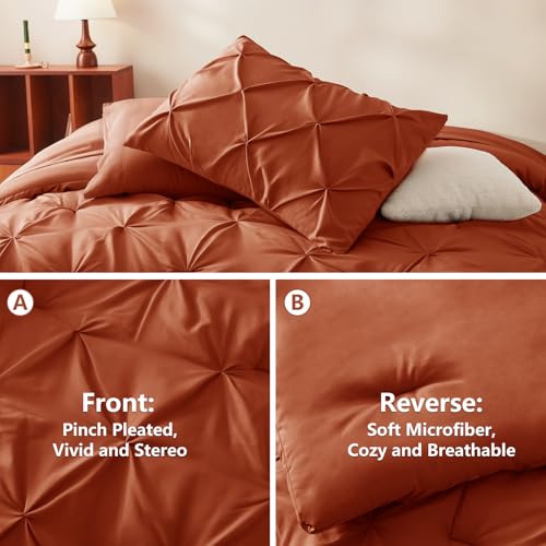 HIMEET Pintuck Bed in a Bag, 7 Pieces King Size Comforter Set Burnt Orange, Pinch Pleat Bed in a Bag, Soft All Season Bedding Sets with Comforter, Flat Sheet, Fitted Sheet and Pillowcases & Shams - Image 3