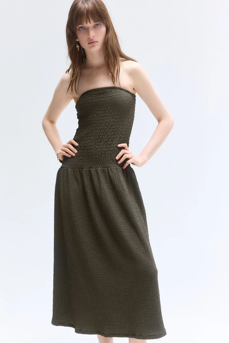 H&M 002-99-213-Green Dark Smocked bandeau dress for Women | Best Price UAE