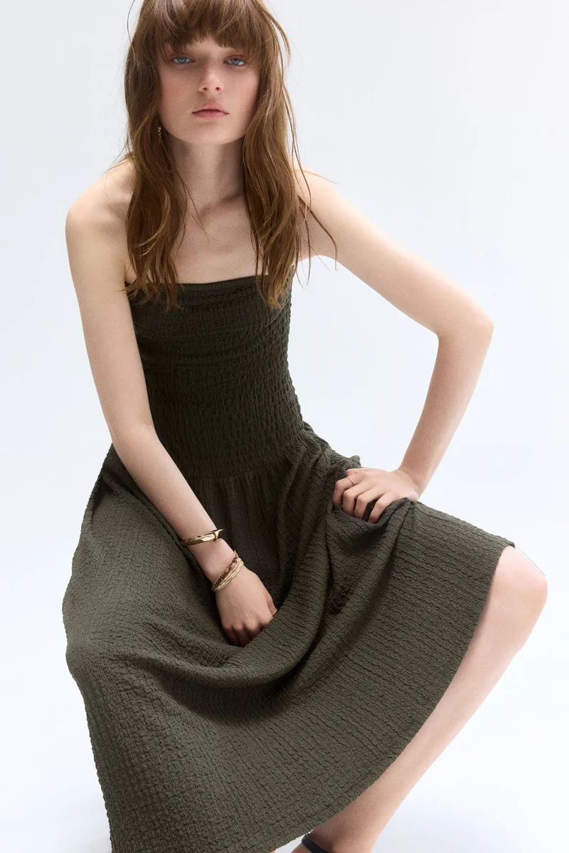 H&M 002-99-213-Green Dark Smocked bandeau dress for Women | Best Price UAE