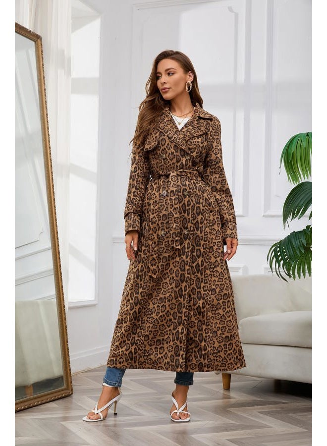 utcoco Womens Faux Suede Long Trench Coat Notched Lapel Double Breasted Pea Coat Overcoat with Belt (X-Small, Leopard) - Image 2