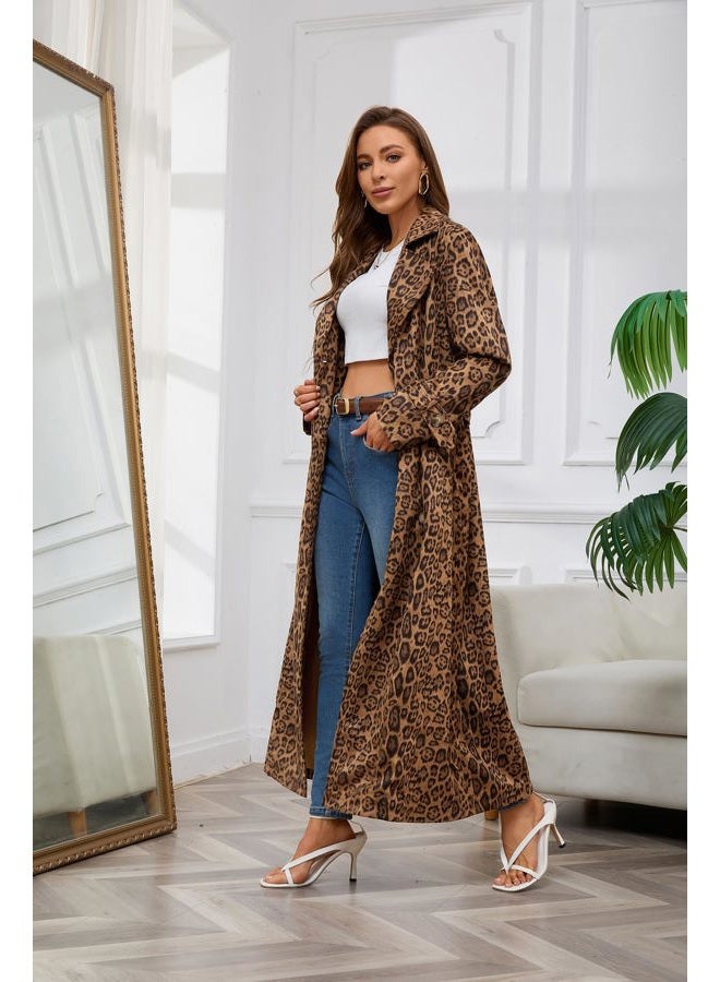 utcoco Womens Faux Suede Long Trench Coat Notched Lapel Double Breasted Pea Coat Overcoat with Belt (X-Small, Leopard) - Image 5