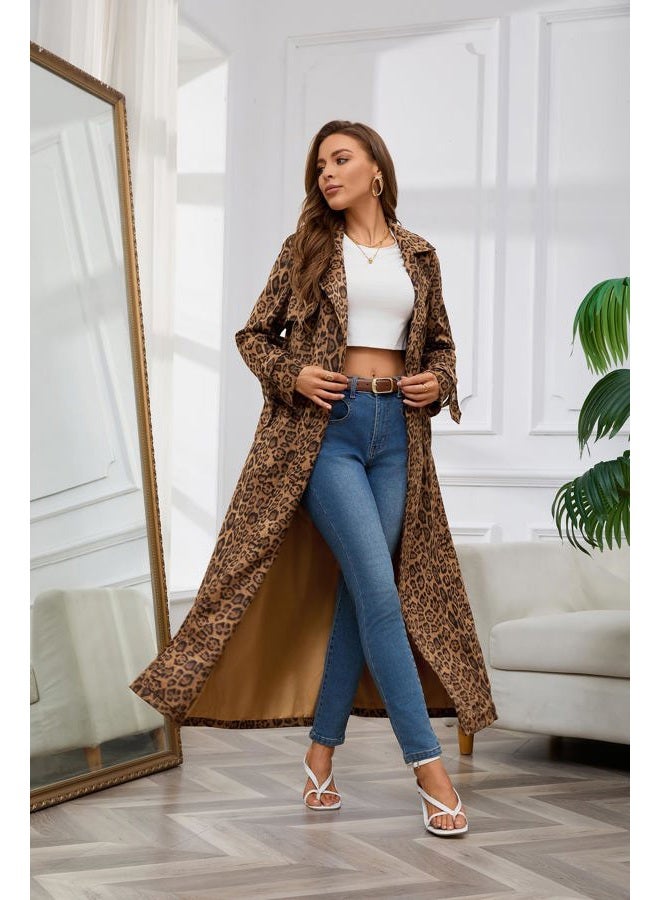 utcoco Womens Faux Suede Long Trench Coat Notched Lapel Double Breasted Pea Coat Overcoat with Belt (X-Small, Leopard) - Image 4