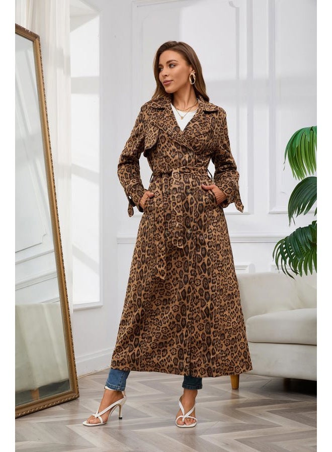 utcoco Womens Faux Suede Long Trench Coat Notched Lapel Double Breasted Pea Coat Overcoat with Belt (X-Small, Leopard) - Image 3