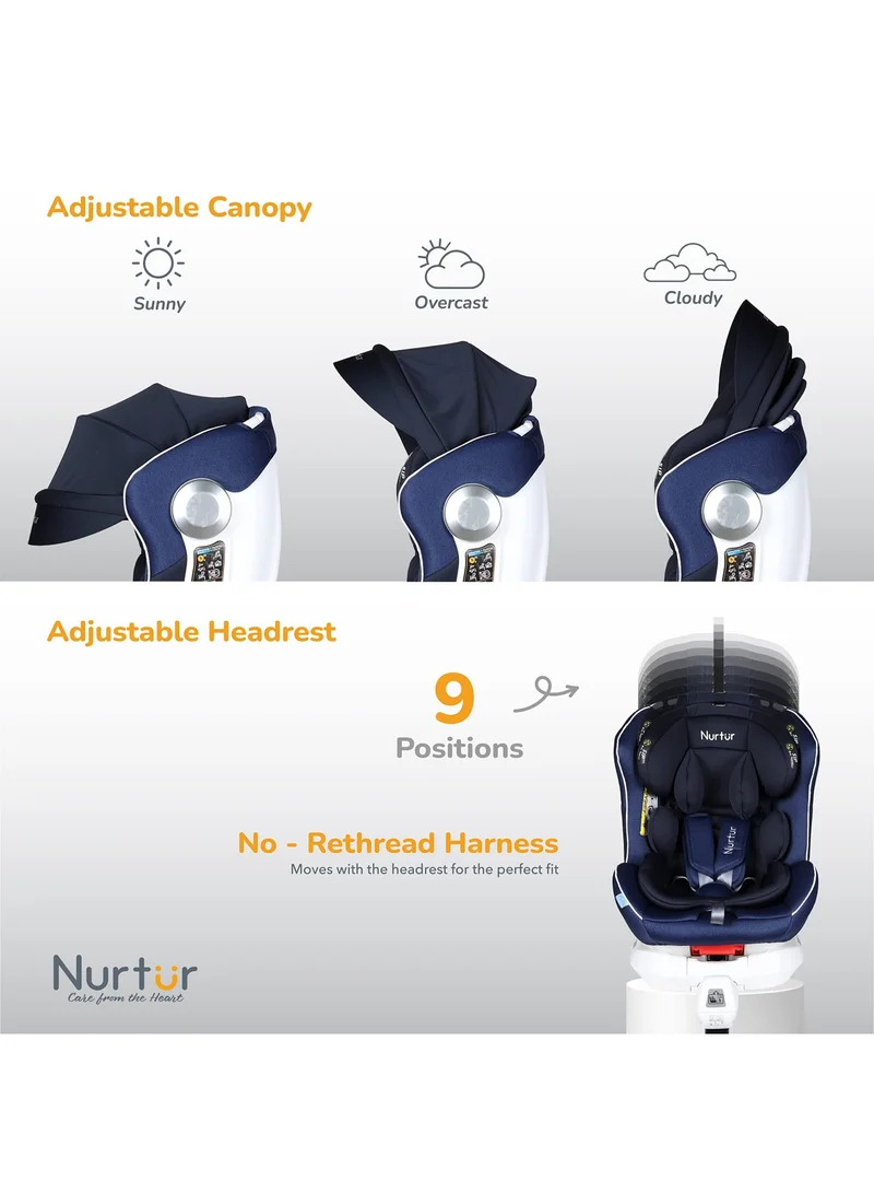 Nurtur Liberty Baby/Kids 4-in-1 Car Seat - 360° Rotation – Leg Support - ISOFIX – 10-level Adjustable Headrest with Canopy - 0 months to 12 years (Group 0+/1/2/3), Upto 36kg - Dark Blue