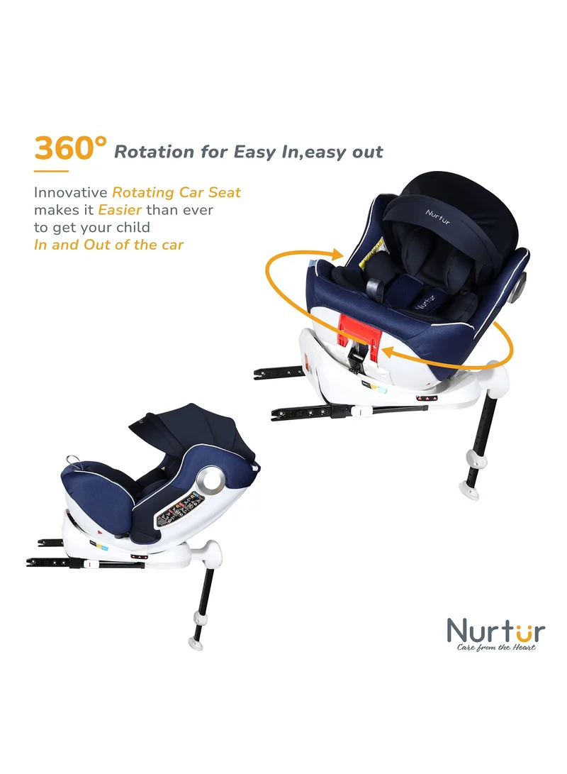 Nurtur Liberty Baby/Kids 4-in-1 Car Seat - 360° Rotation – Leg Support - ISOFIX – 10-level Adjustable Headrest with Canopy - 0 months to 12 years (Group 0+/1/2/3), Upto 36kg - Dark Blue