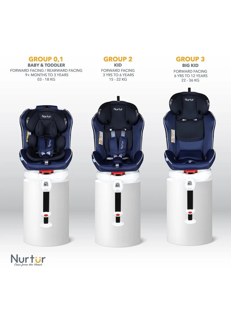 Nurtur Liberty Baby/Kids 4-in-1 Car Seat - 360° Rotation – Leg Support - ISOFIX – 10-level Adjustable Headrest with Canopy - 0 months to 12 years (Group 0+/1/2/3), Upto 36kg - Dark Blue