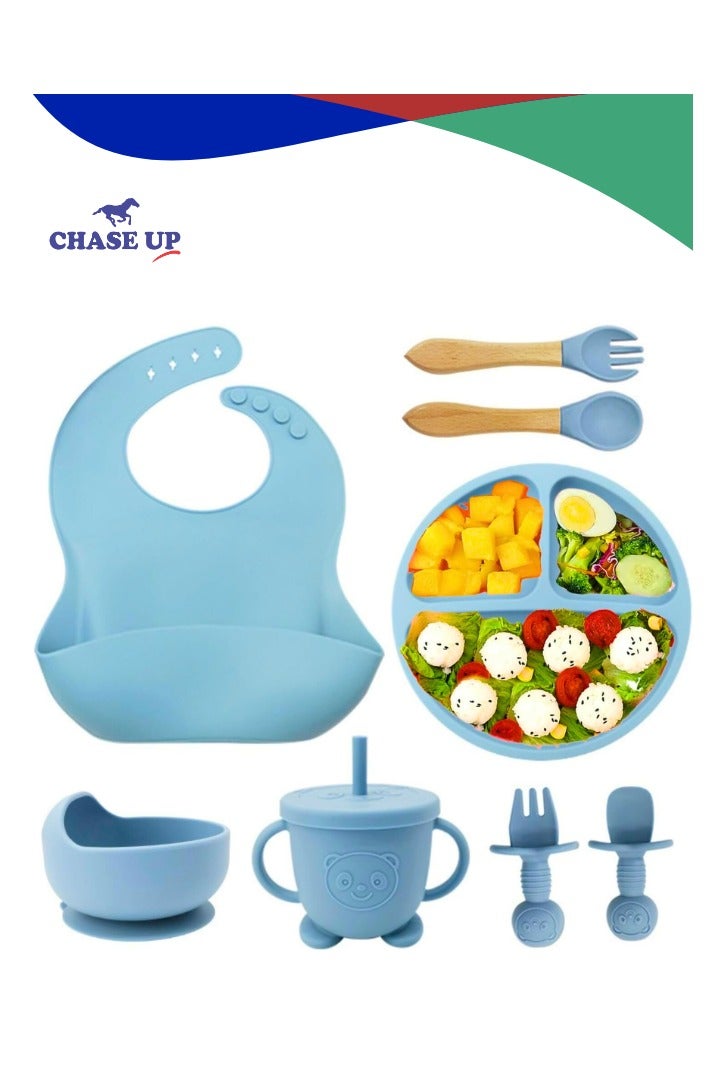 Chase Up 8 Pcs Silicone Baby Feeding Set, Baby Led Weaning Supplies with Suction Bowl Divided Plate, Self Feeding Spoons Forks Sippy Cup Adjustable Bib, for 6+ Months (Blue) - Image 1