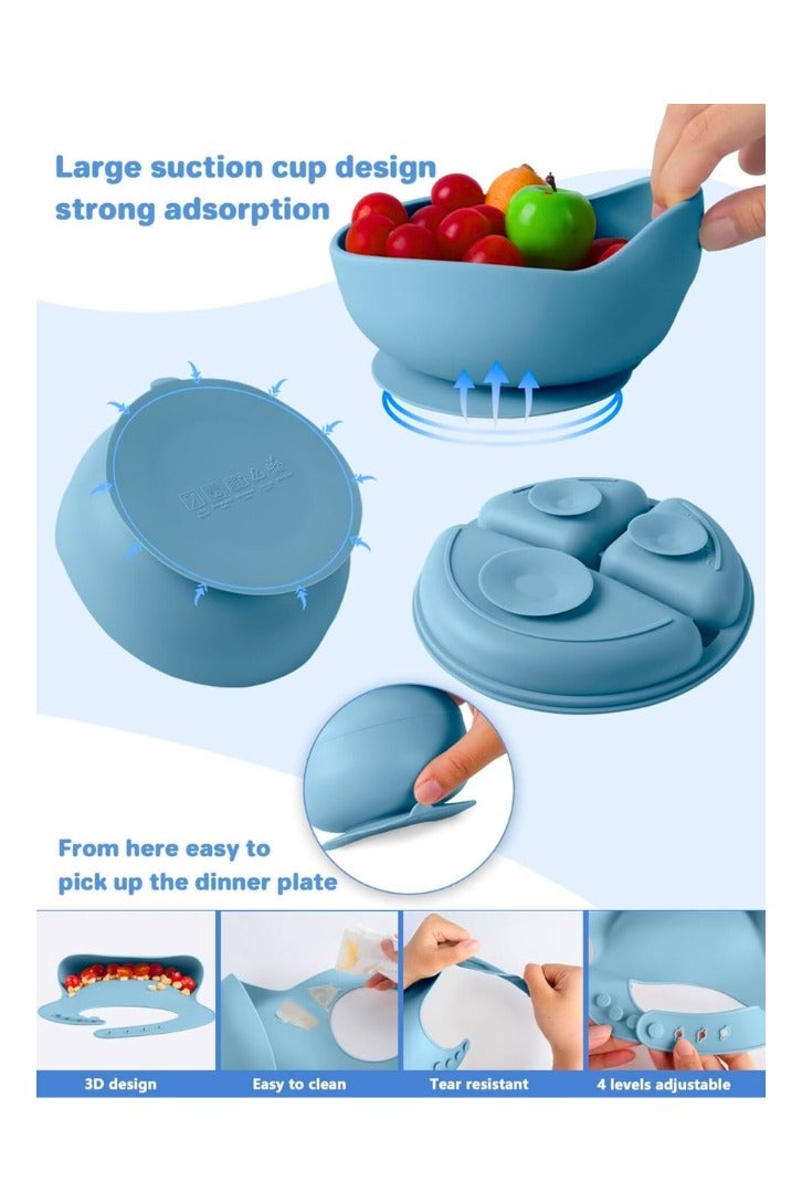 Chase Up 8 Pcs Silicone Baby Feeding Set, Baby Led Weaning Supplies with Suction Bowl Divided Plate, Self Feeding Spoons Forks Sippy Cup Adjustable Bib, for 6+ Months (Blue) - Image 2
