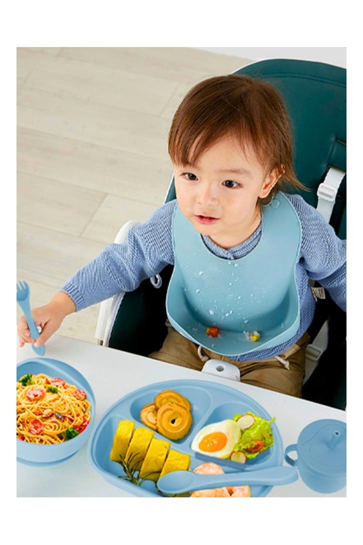 Chase Up 8 Pcs Silicone Baby Feeding Set, Baby Led Weaning Supplies with Suction Bowl Divided Plate, Self Feeding Spoons Forks Sippy Cup Adjustable Bib, for 6+ Months (Blue) - Image 3